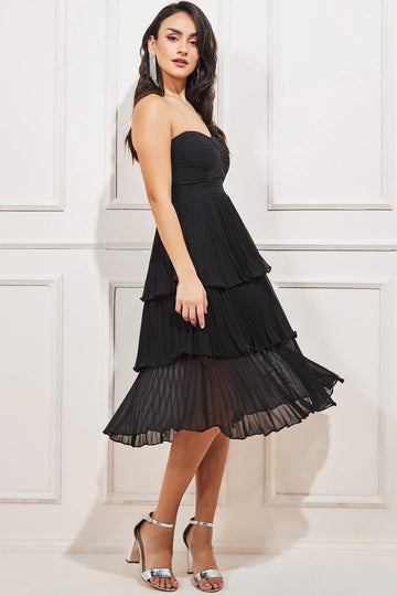Pleated Bandeau Bodice Chiffon Tiered Midi Goddiva